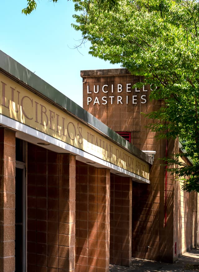 A bakery is shown with a sign saying 'Lucibello Pastries'